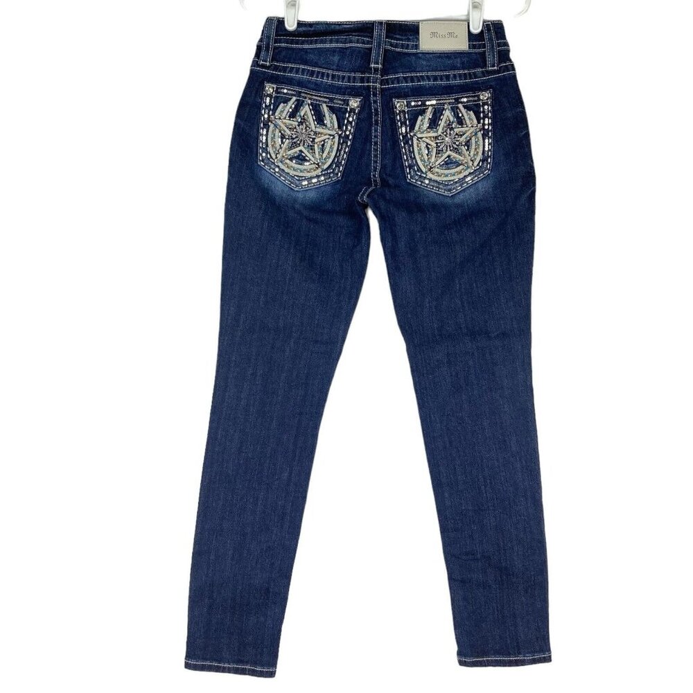 MISS ME Women's Blue Denim Ankle Jeans Sz 26 Embellished Skinny Low Rise Stretch